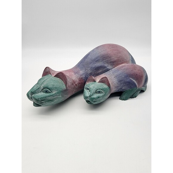 OOAK colorful 16" Purple Wood Hand Carved CAT Statue ARTISAN MADE ADULT KITTEN - Picture 1 of 14